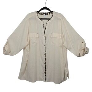 Jaclyn Smith Woman Shirt Woman 3X Ivory with Leopard Trim, Roll Tab, Button Down